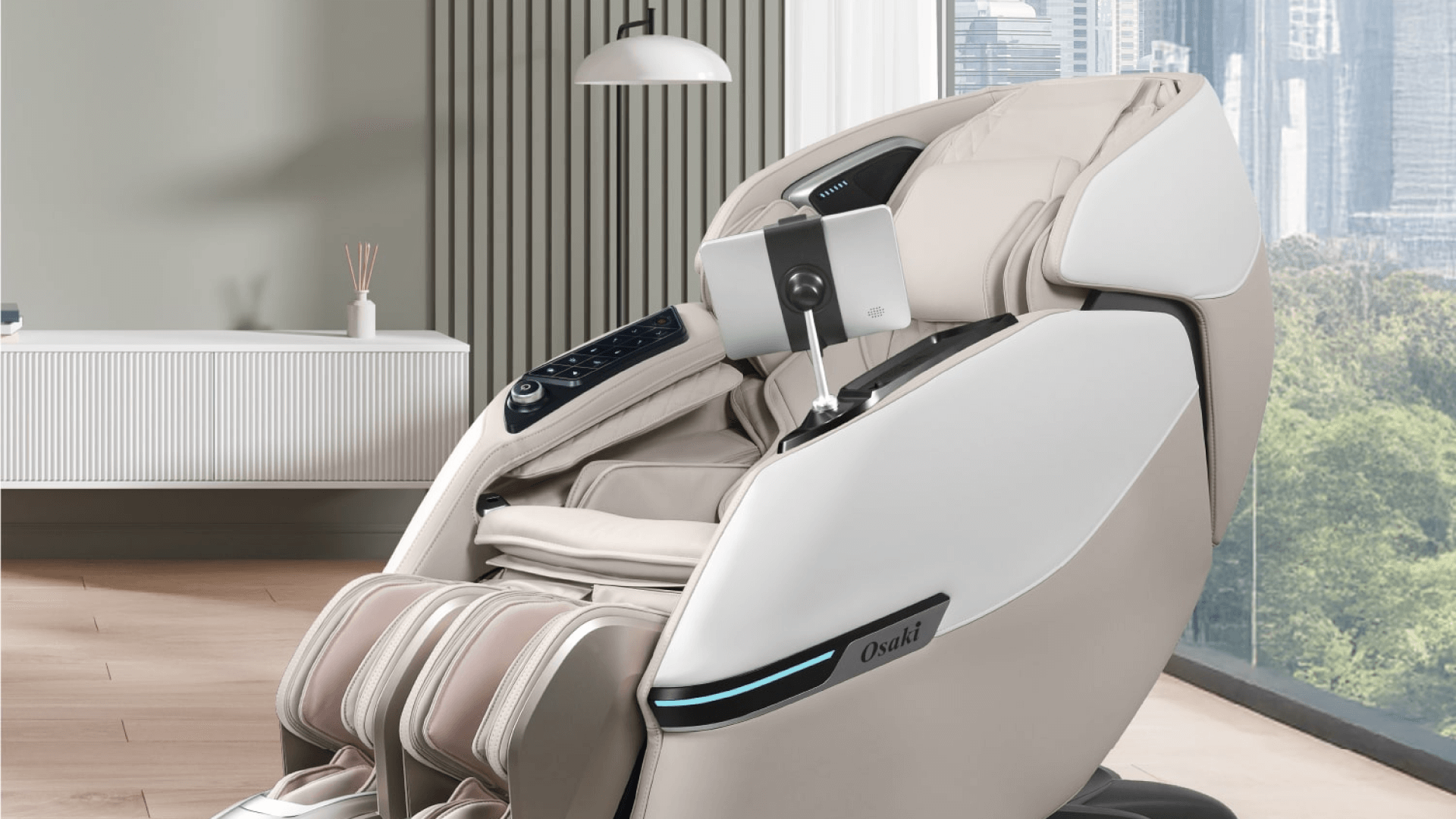 Massage chair in a room with large windows