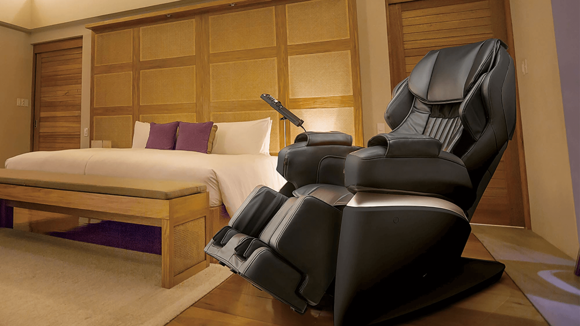 Massage chair in modern bedroom with wooden features