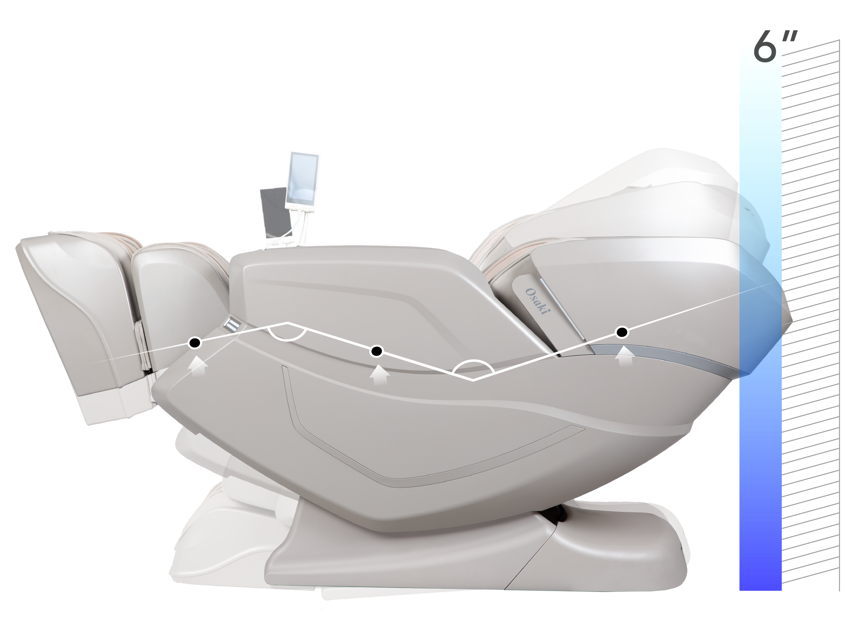 Osaki OS-3D Ai Vito Massage Chair in degrees of recline with a 6-inch measurement label for the back of the chair