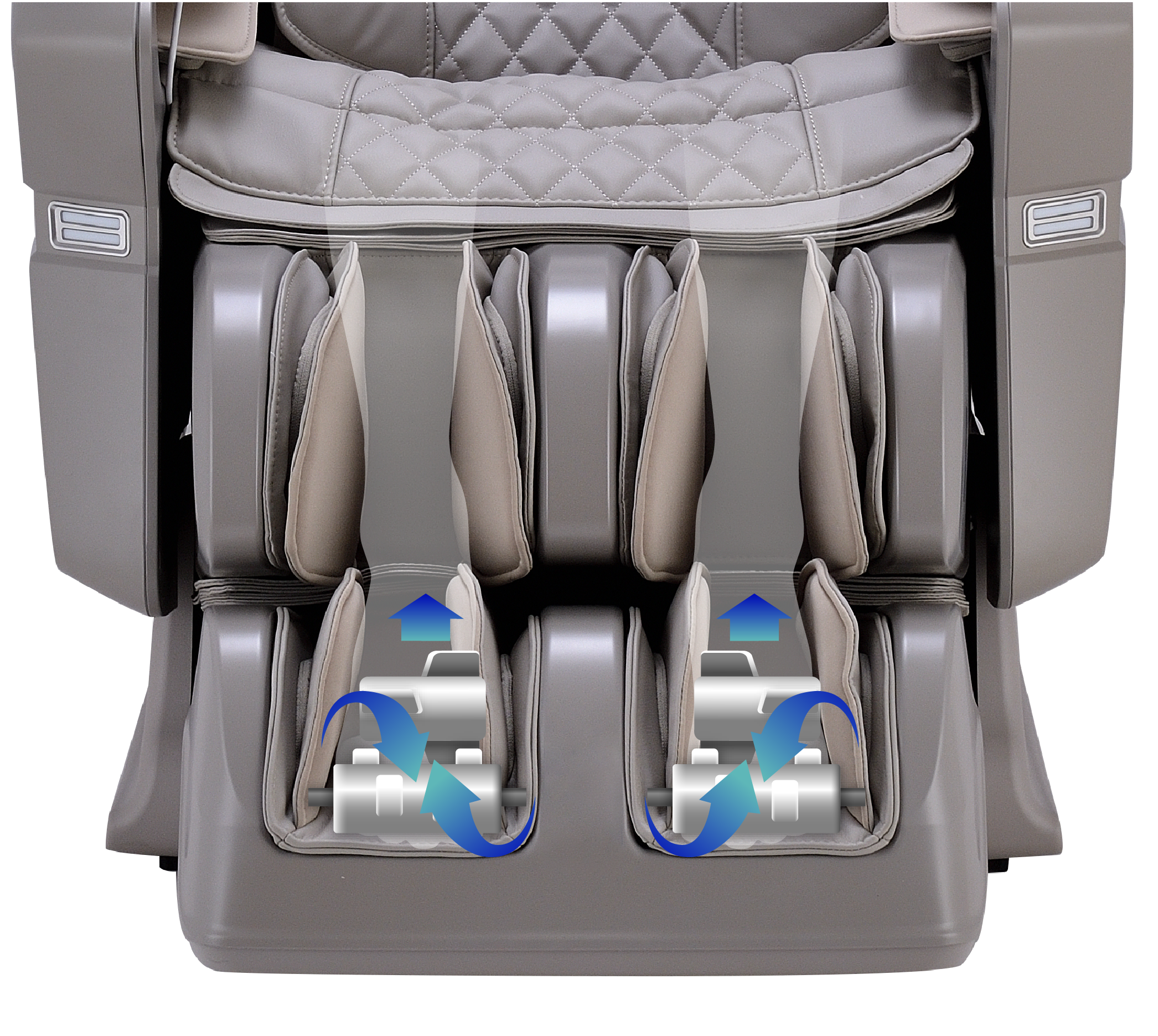 Osaki OS-3D Ai Vito Massage Chair with superimposed feet and foot roller graphics and arrows indicating movement