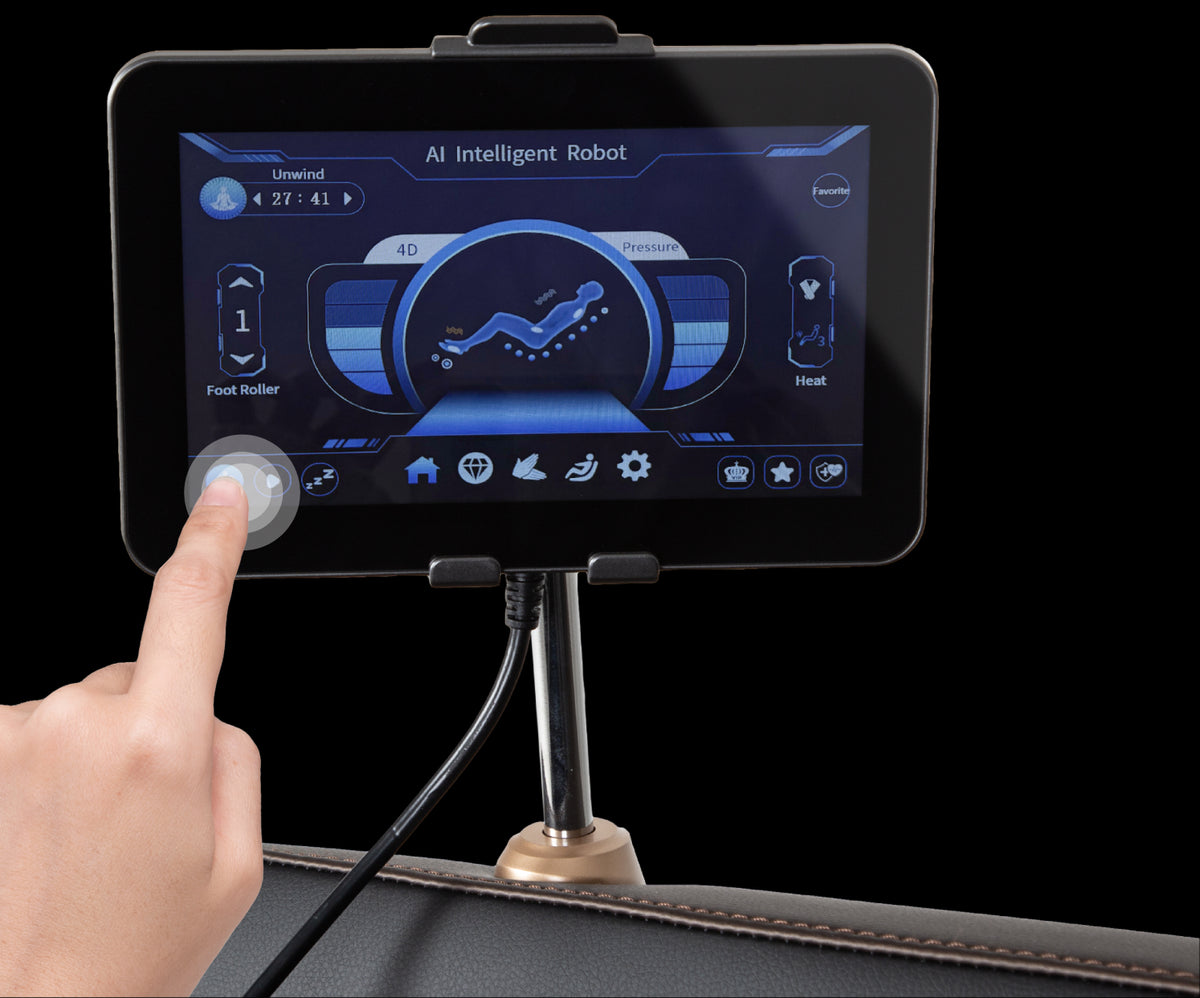 Close-up of person using the Osaki Duke XL 4D Massage Chair Tablet Remote