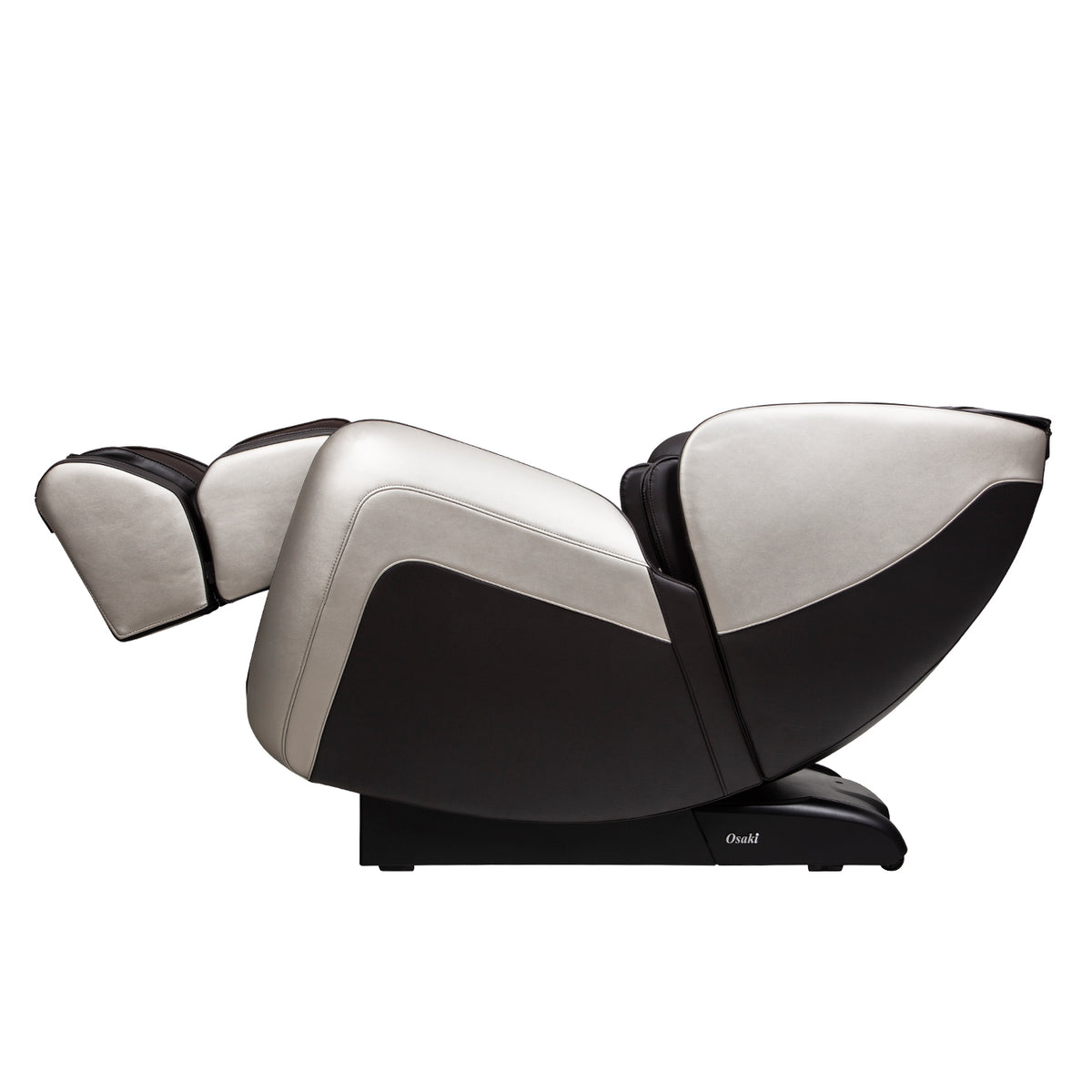 Brown OS-Atai massage chair in the zero gravity position, viewed from the side, on a white background