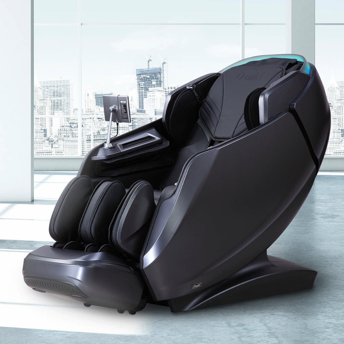 Black Platinum 4D Avalon massage chair in a modern room with large windows