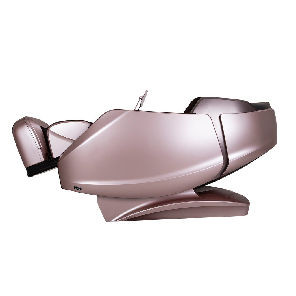 Brown Platinum 4D Avalon massage chair in the zero gravity position, viewed from the side, on a white background