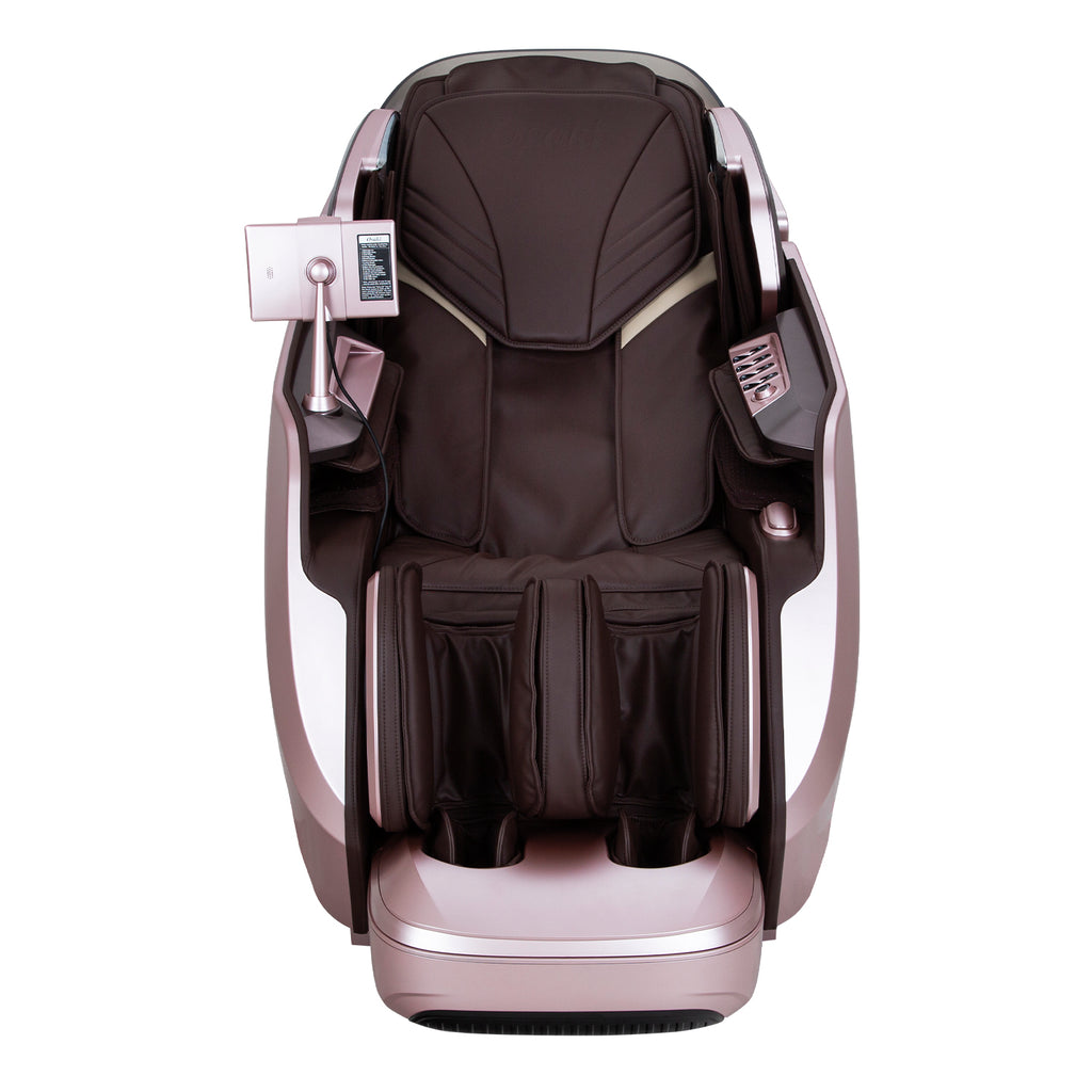 Brown Platinum 4D Avalon massage chair, viewed from the front, on a white background