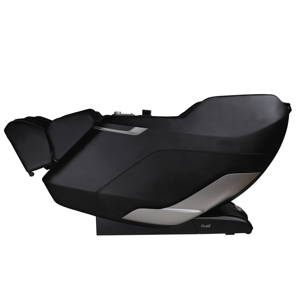 Black Osaki 3D Belmont Massage Chair in zero gravity position, viewed from the side, on a white background