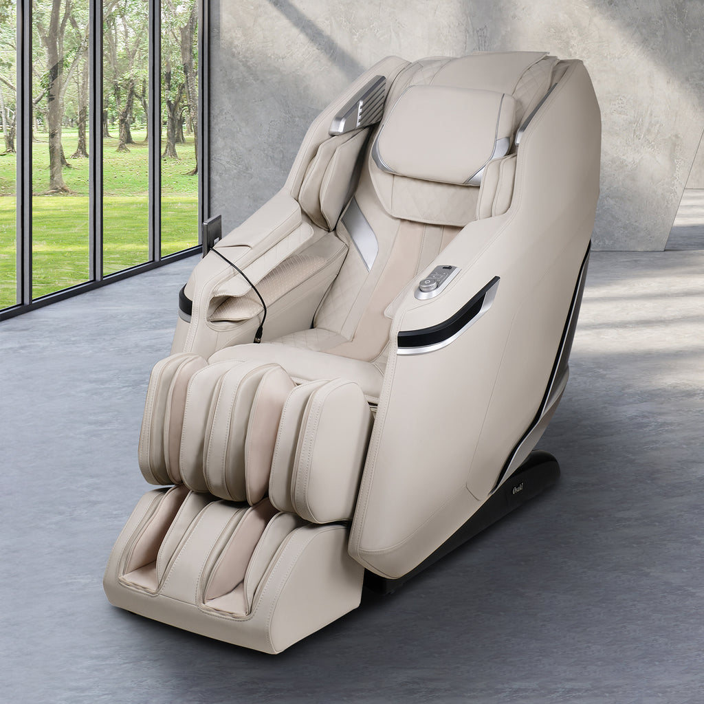Taupe Osaki 3D Belmont Massage Chair in a modern room with large windows showing greenery