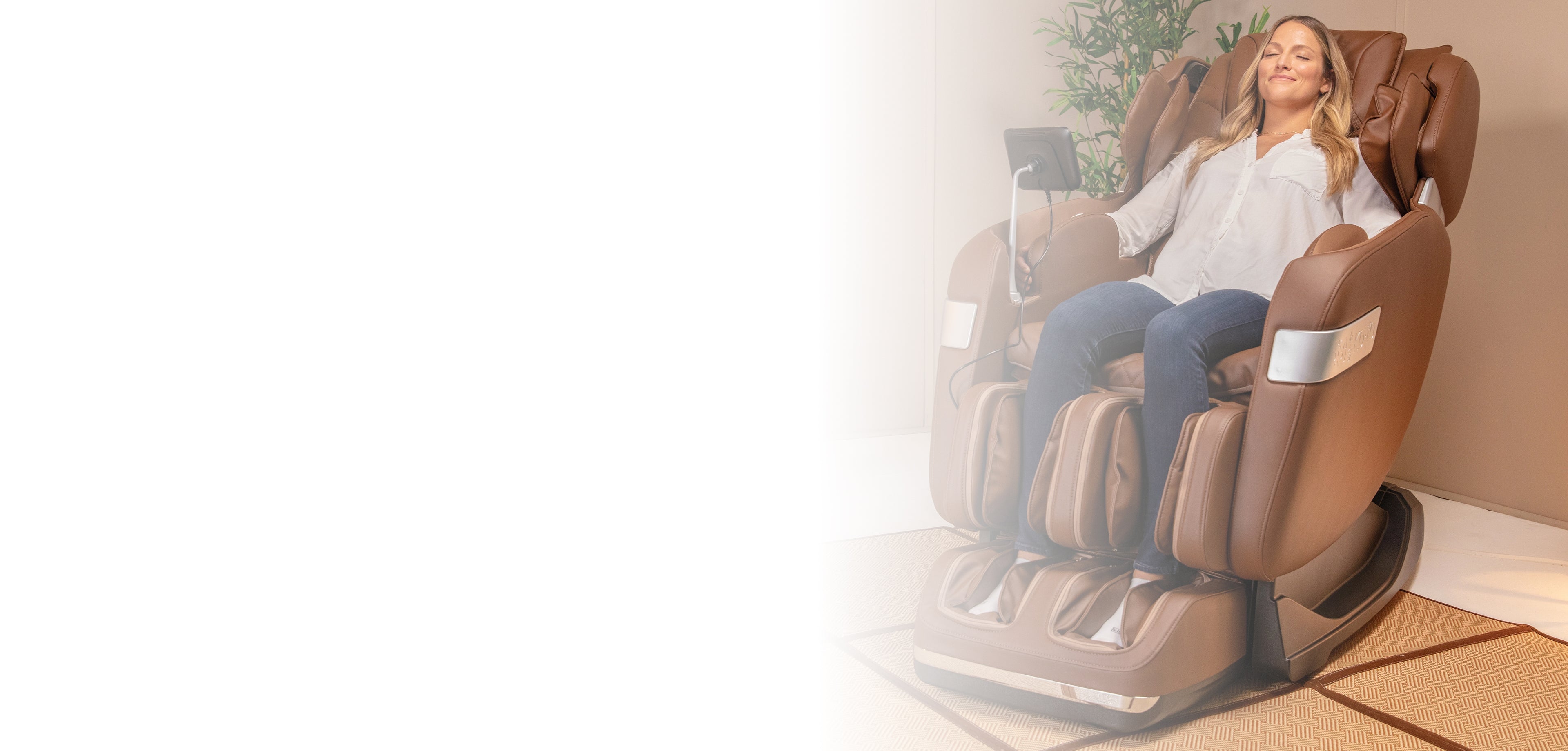Woman relaxing in a massage chair with a blurred background