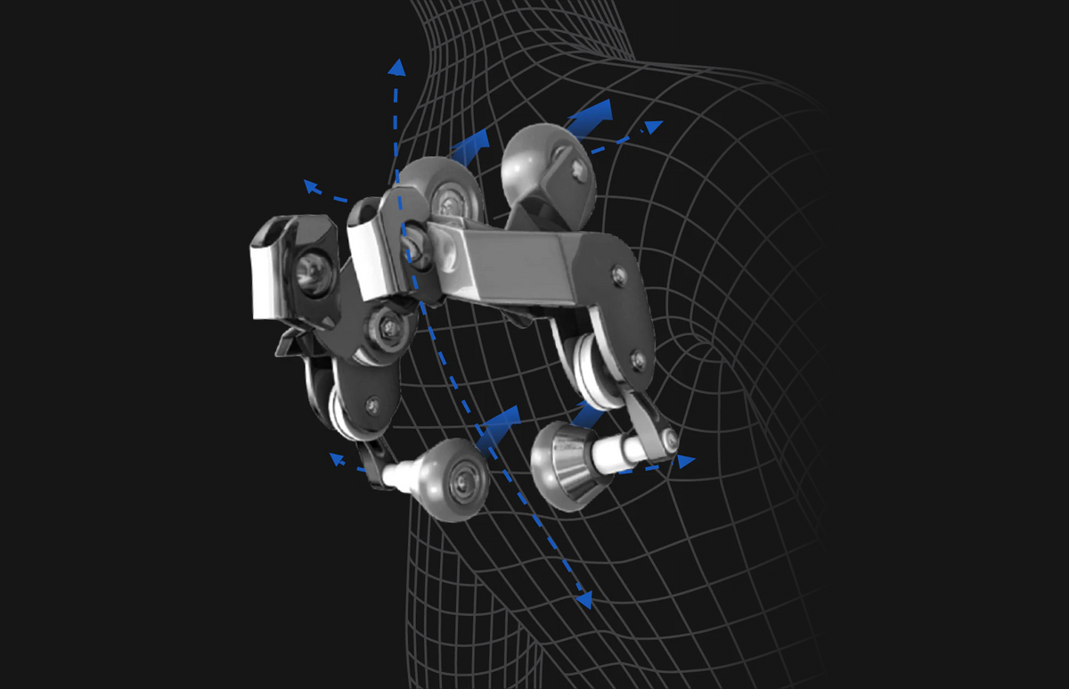 3D rendering of the Osaki 3D Belmont Massage Chair rollers on a person's back with arrows indicating movement