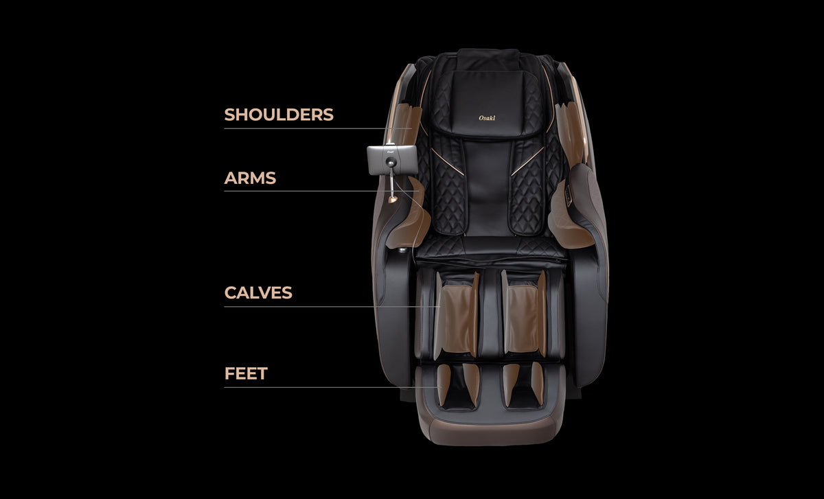 Osaki Duke XL 4D Massage Chair with labeled air cell areas: shoulders, arms, calves, and feet