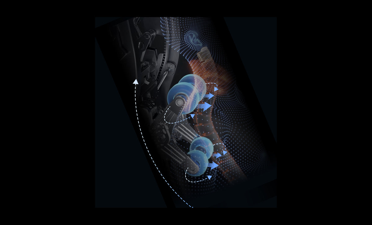 3D rendering of Osaki Duke XL 4D Massage Chair rollers against a person's back