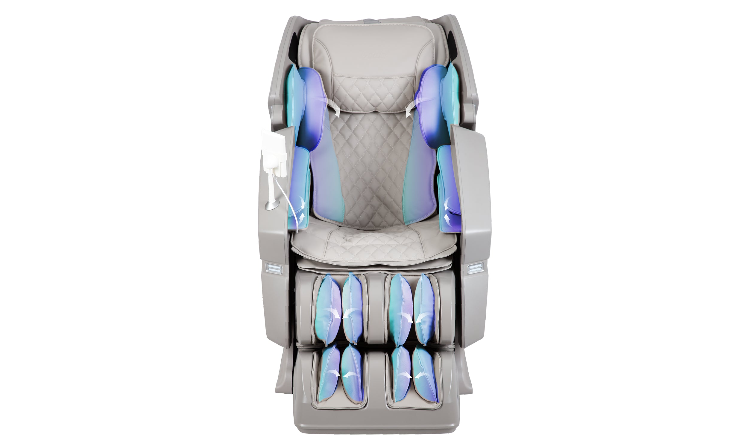 Osaki OS-3D Ai Vito Massage Chair with airbag areas highlighted and arrows indicating their motion