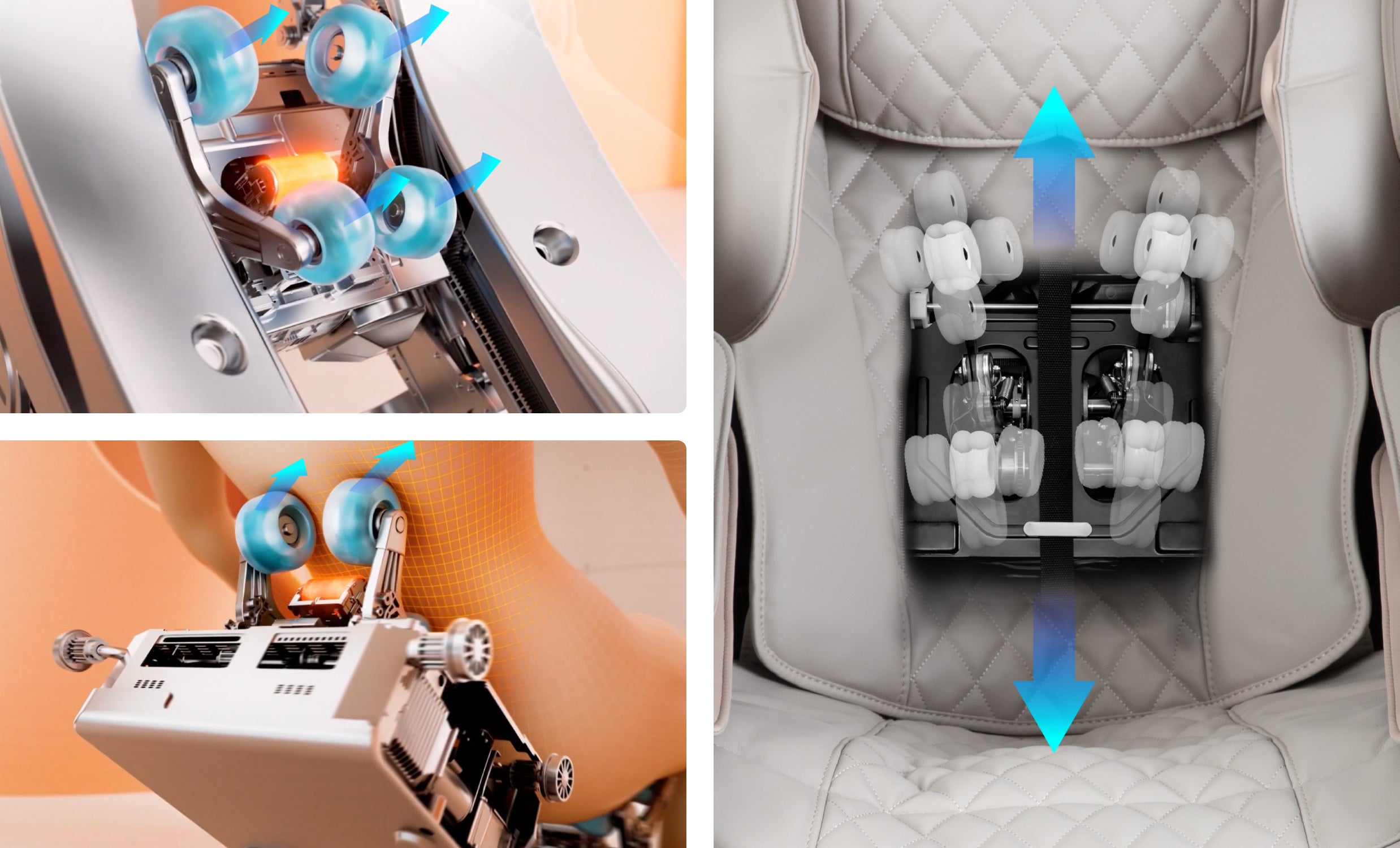 Three images show the Osaki OS-3D Ai Vito Massage Chair rollers with arrows indicating movement directions