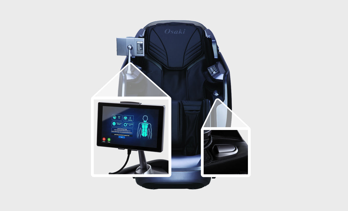 Osaki Platinum 4D Avalon Massage Chair with superimposed close-ups of the touchscreen controller and ache sensor