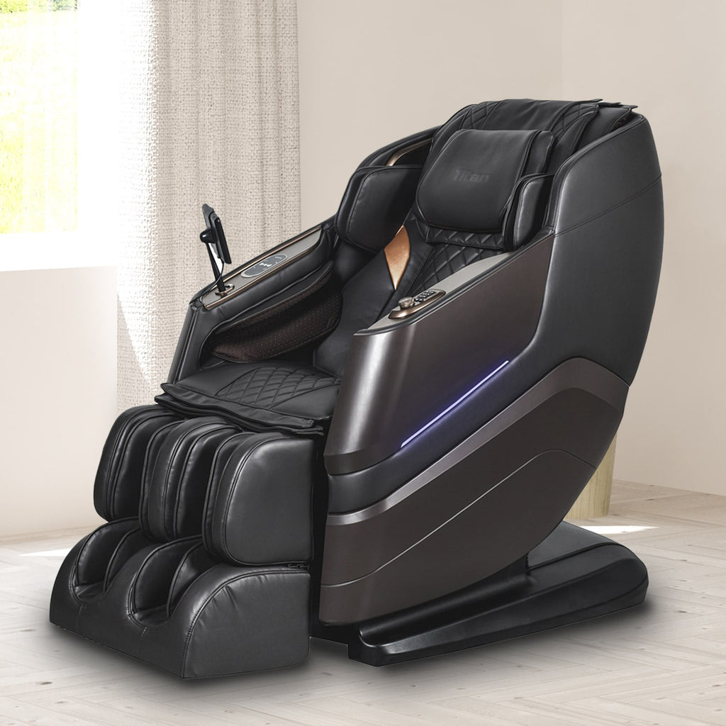 Brown Titan TP-Epic 4D Massage Chair in a room with light-colored walls and floor