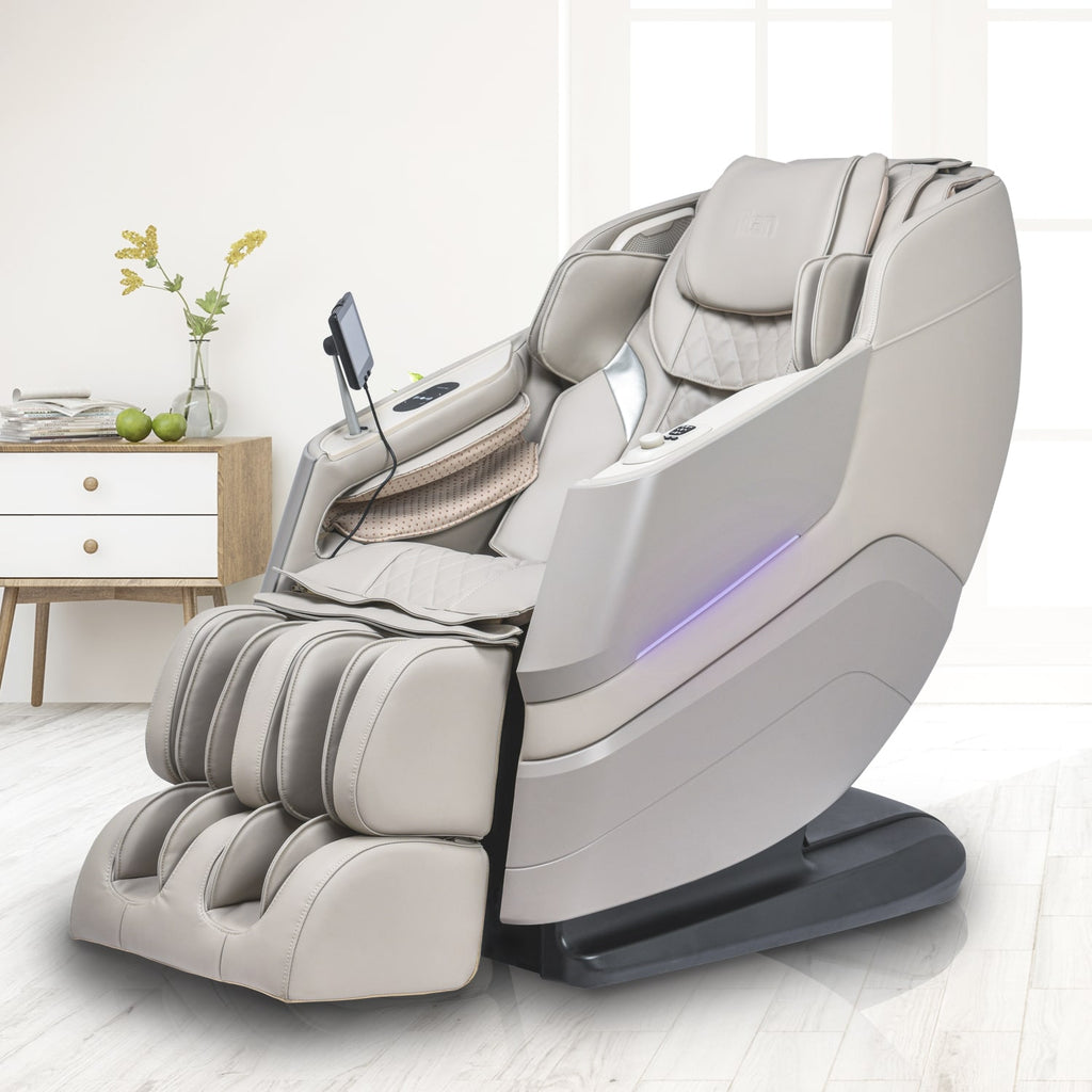 Taupe Titan TP-Epic 4D Massage Chair in a room with a white background