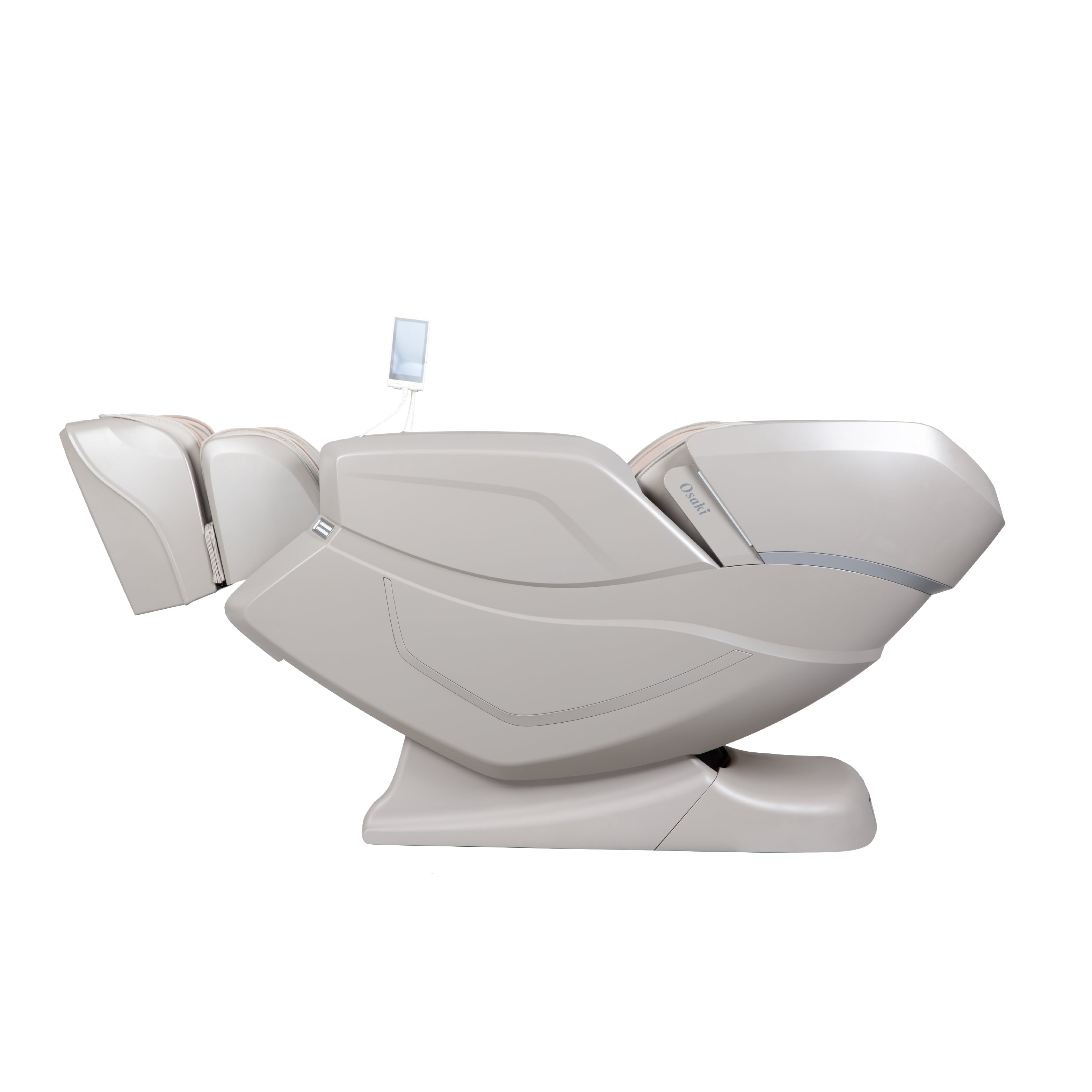 Taupe Osaki OS-3D Ai Vito Massage Chair further reclined and viewed from the side on a white background