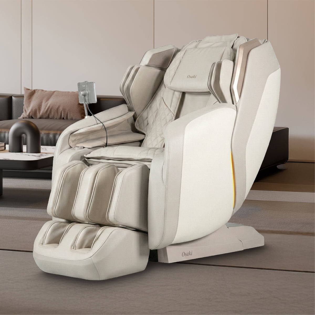 Taupe Osaki Duke XL 4D Massage Chair in a minimalist living room setting